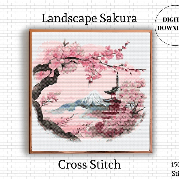 Landscape Cross Stitch Pattern | Sakura Cross Stitch | Embroidery Pattern | Cross Stitch Kit | Japan Cross Stitch | Instant Download PDF