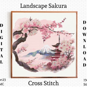 Può includere: Uno schema digitale di punto croce che rappresenta un paesaggio con un albero di ciliegio in fiore, una montagna e un pagoda. Lo schema è di 150 punti croce per 150 punti croce e utilizza 23 colori.