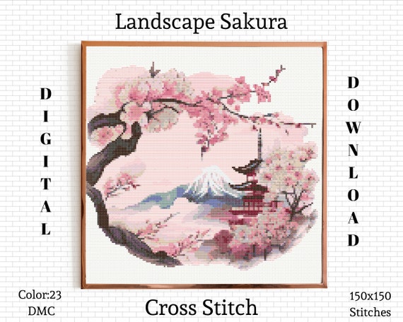 Sakura Landscape Cross Stitch Pattern: Japanese Embroidery (PDF Download)