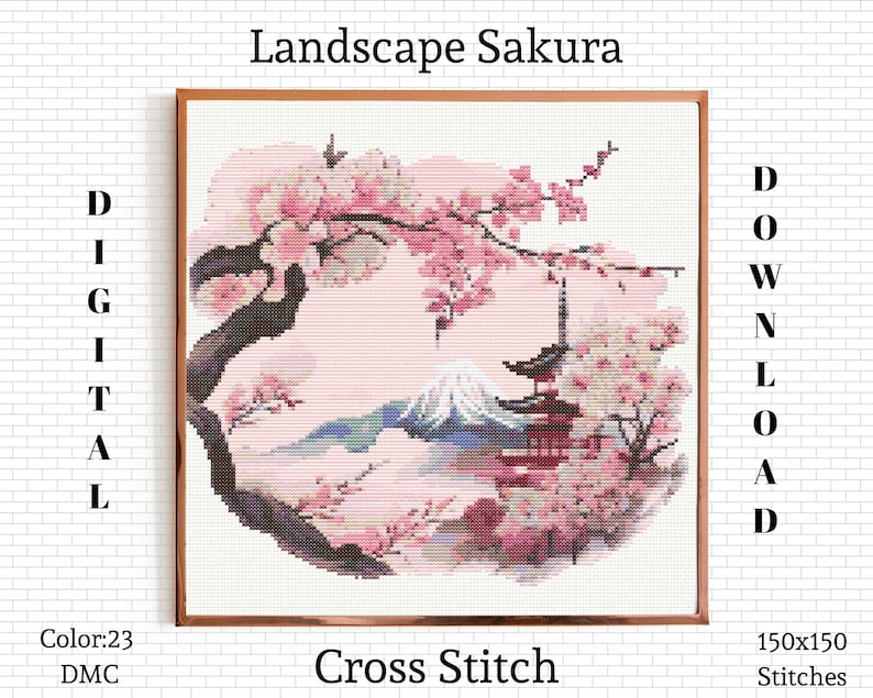 May include: A digital cross stitch pattern featuring a landscape with a cherry blossom tree, a mountain, and a pagoda. The pattern is 150 stitches by 150 stitches and uses 23 colors.