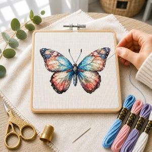 May include: A square wooden embroidery hoop containing white Aida fabric with a cross-stitch pattern of a butterfly featuring blue, pink, and orange wings. Beside the hoop are gold-toned scissors, a metal thimble, and four skeins of embroidery floss.