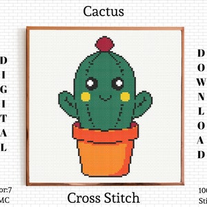 May include: A cross stitch pattern of a green cactus with a red flower on top, smiling with yellow eyes and a yellow flower on each side. The cactus is in a brown pot. The pattern is 100 stitches by 100 stitches.
