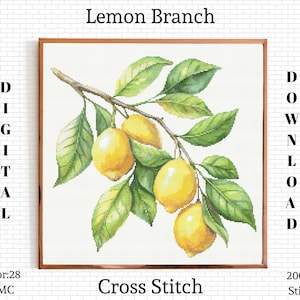 Könnte beinhalten: Kreuzstichmuster eines Zitronenzweigs mit gelben Zitronen und grünen Blättern. Der Text "Lemon Branch" steht oben, mit "DIGITAL DOWNLOAD" an den Seiten. Der Text unten lautet "Color:28 DMC Cross Stitch 200x200 Stitches".