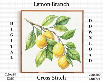 Lemon Branch Cross Stitch Pattern: Fruit Embroidery (PDF Download)