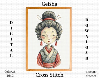 Geisha Cross Stitch Pattern: Asia Embroidery (PDF Download)