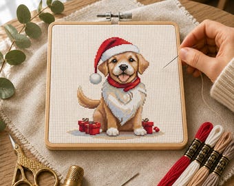 Christmas Dog Cross Stitch Pattern, Festive Puppy Embroidery Design (PDF Download)