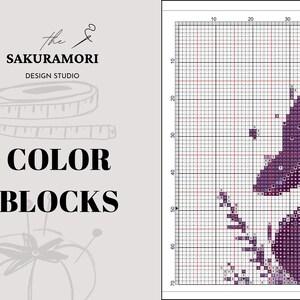 May include: A color block cross stitch pattern featuring a purple and pink floral design. The pattern is displayed on a grid with numbers along the sides.
