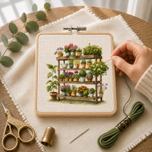 Op de afbeelding: Een vierkante houten borduurring met een kruissteekpatroon van een houten plantenstandaard met meerdere niveaus, gevuld met diverse potplanten en bloemen in tinten groen, roze, oranje en paars op een lichtbeige stoffen achtergrond.