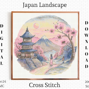 Japan Cross Stitch Pattern | Landscape Cross Stitch PDF |  Cherry Blossom Cross Stitch | Japan Embroidery Pattern | Japan Cross Stitch