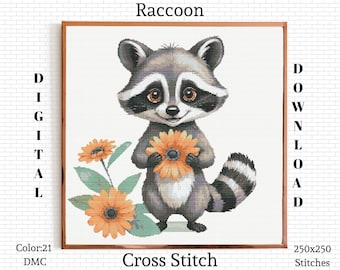 Raccoon Cross Stitch Pattern: Detailed Embroidery Design (PDF Download)