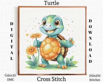 Kruissteekpatroon schildpad: gedetailleerd borduurontwerp (pdf-download)