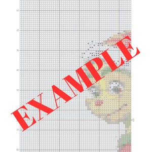May include: A cross-stitch pattern chart with a grid of squares. The chart shows a design of a yellow bird with a red beak and black eyes. The bird is surrounded by green leaves and flowers. The chart is labeled "EXAMPLE" in red.