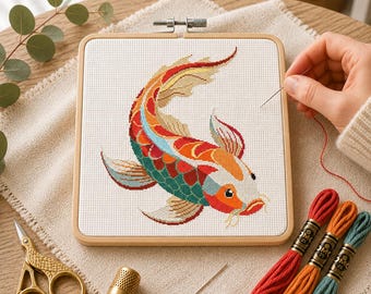 Peut inclure: Un tambour à broder carré en bois contenant une toile Aida blanche avec un motif de poisson koï au point de croix dans des tons orange, rouge, bleu sarcelle et crème. À côté se trouvent trois échevettes de fil, un dé doré et des ciseaux dorés.