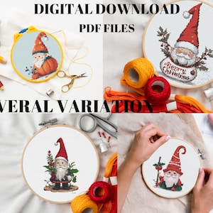 May include: Four different cross-stitch patterns featuring gnomes with red hats and white beards. The patterns are displayed in embroidery hoops on a white fabric background. The patterns include a gnome holding a pumpkin, a gnome holding a Christmas tree, a gnome holding a candy cane, and a gnome holding a present.