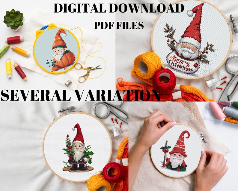 May include: Four different cross-stitch patterns featuring gnomes with red hats and white beards. The patterns are displayed in embroidery hoops on a white fabric background. The patterns include a gnome holding a pumpkin, a gnome holding a Christmas tree, a gnome holding a candy cane, and a gnome holding a present.