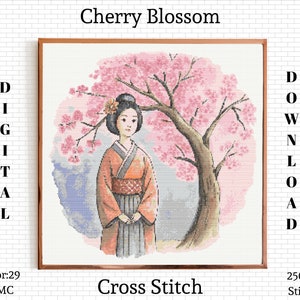 Geisha and Cherry Blossom Cross Stitch Pattern (PDF Download)