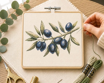 Olive Branch Cross Stitch Pattern, Botanical Embroidery Design, Mediterranean Needlepoint Chart (PDF Download)