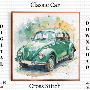 May include: A digital cross stitch pattern of a green vintage Volkswagen Beetle car with a watercolor background. The pattern is 220 stitches wide by 220 stitches high and uses 30 colors.