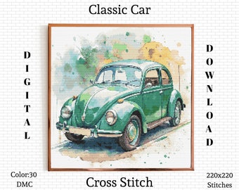 Modèle de point de croix de voiture classique verte (téléchargement numérique)