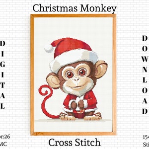 Christmas Monkey Cross Stitch Pattern: Xmas Embroidery (PDF Download)