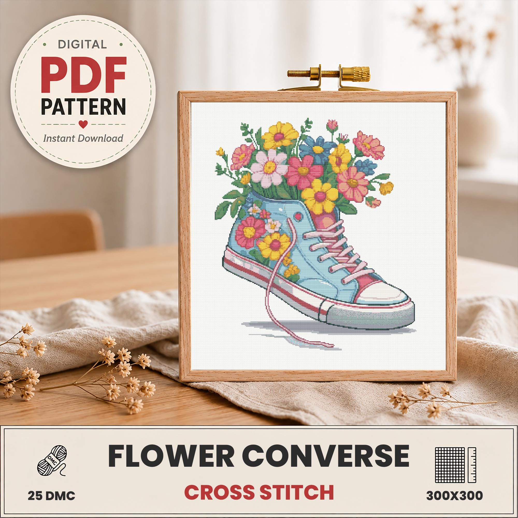 花柄コンバースクロスステッチパターン、スニーカー刺繍デザイン、PDF