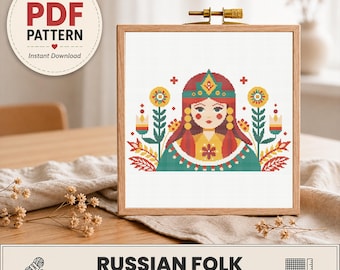 Russian Folk Cross Stitch Pattern, Slavic Girl Embroidery Design (PDF Download)