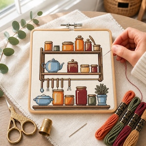 May include: A square wooden embroidery hoop containing a cross-stitch pattern of kitchen shelves with various jars, a blue teapot, a blue casserole dish, and a potted plant. The design includes hanging kitchen utensils and colourful thread skeins.