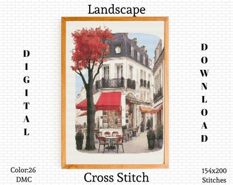 Paris Landscape Cross Stitch Pattern: European Cafe (Digital Download PDF)