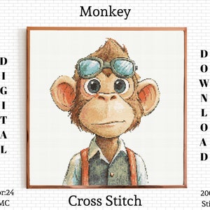 Sunglasses Monkey Cross Stitch Pattern: Baby Embroidery Design (PDF)