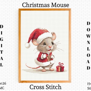 May include: A cross stitch pattern of a cute cartoon mouse wearing a red Santa hat and holding a gift. The mouse is standing on a white background with the words "Christmas Mouse" and "Cross Stitch" written below.