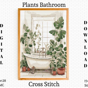 Puede incluir: Patrón de punto de cruz de un baño con una bañera blanca, una ventana y muchas plantas en macetas. El patrón tiene 154 puntos de ancho y 200 puntos de alto. El texto "Plants Bathroom" está en la parte superior de la imagen.