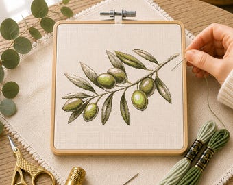 Olive Branch Cross Stitch Pattern, Botanical Embroidery Design, Mediterranean Needlepoint Chart (PDF Download)