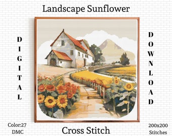 Sunflower Landscape Cross Stitch Pattern: 27 DMC Colors (PDF Pattern)