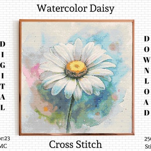 Könnte beinhalten: Ein digitales Kreuzstichmuster einer Aquarell-Gänseblümchen mit einer weißen Blüte und gelber Mitte. Das Muster ist 250 Stiche mal 250 Stiche und verwendet 23 Farben.