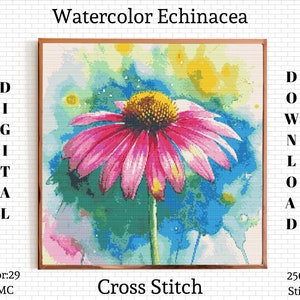 May include: A digital cross stitch pattern of a watercolor painting of a pink echinacea flower with a green stem and yellow center. The background is a colorful watercolor wash of blue, green, yellow, and pink. The pattern is 250 stitches by 250 stitches.