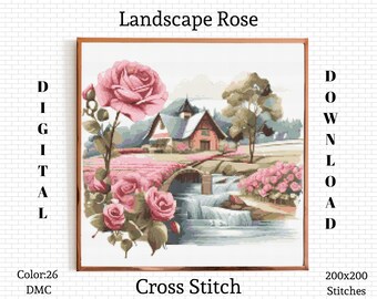 Landscape Rose Cross Stitch Pattern: Floral Cottage (PDF Download)