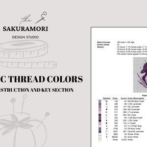 May include: A cross-stitch pattern featuring a woman wearing a witch's hat and holding a flower. The pattern uses a variety of purple, blue, and white DMC threads. The pattern is 100 stitches wide by 100 stitches high. The pattern is available in 14, 16, and 18 count.