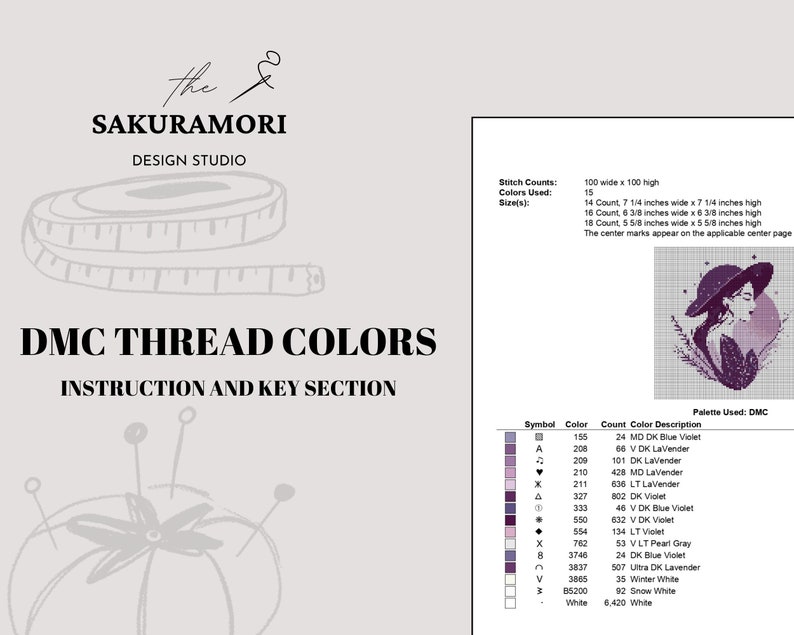 May include: A cross-stitch pattern featuring a woman wearing a witch's hat and holding a flower. The pattern uses a variety of purple, blue, and white DMC threads. The pattern is 100 stitches wide by 100 stitches high. The pattern is available in 14, 16, and 18 count.