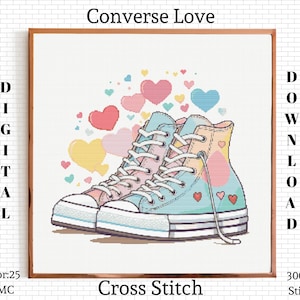 May include: Cross stitch design featuring two high-top sneakers in pastel colors, with heart accents and the text "Converse Love." The design includes pink, blue, and yellow hearts. The image is framed in a brown border.