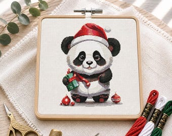 Christmas Panda Cross Stitch Pattern, Holiday Animal Embroidery Design (PDF Download)