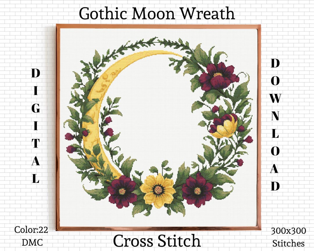 Gothic Moon Floral Wreath Embroidery: Dark Cross Stitch Pattern (PDF ...