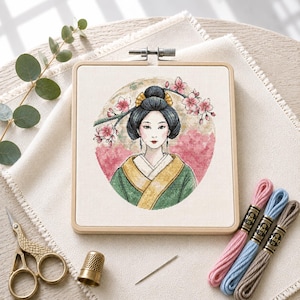 クロスステッチ パターン 扇を持った女性の肖像画 葛飾北斎、日本の