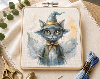 Witch Cat Cross Stitch Pattern, Magic Animal Embroidery Design (PDF Download)