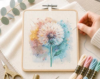Watercolor Dandelion Cross Stitch Pattern, Floral Abstract Embroidery (PDF Download)
