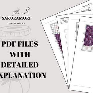 May include: A set of four PDF files with a detailed explanation. The files include a chart page key and a pattern page. The pattern page shows a grid with a purple and white design.