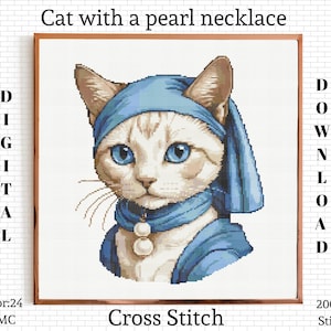Cat with a Pearl Necklace Cross Stitch Pattern: Art Embroidery (PDF Download)