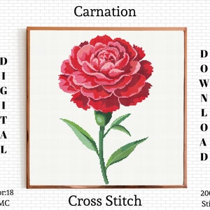 Puede incluir: Un patrón de punto de cruz digital de una flor de clavel roja con hojas verdes. El patrón es de 200 puntos por 200 puntos y utiliza 18 colores.