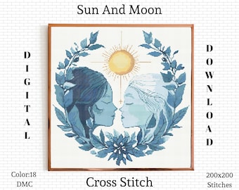 Sun and Moon Cross Stitch Pattern: Celestial Embroidery (Digital Download)