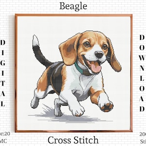 May include: Digital cross stitch pattern of a Beagle dog in a running pose. The artwork features a brown, black, and white Beagle with a green collar, set against a white background. The text "Beagle" and "Cross Stitch" are displayed.