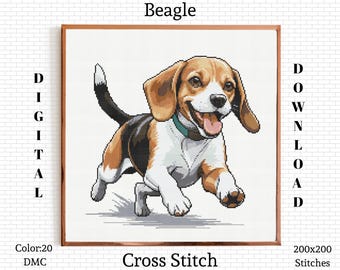 ビーグル犬の水彩画ポートレートクロスステッチパターン（PDFパターン